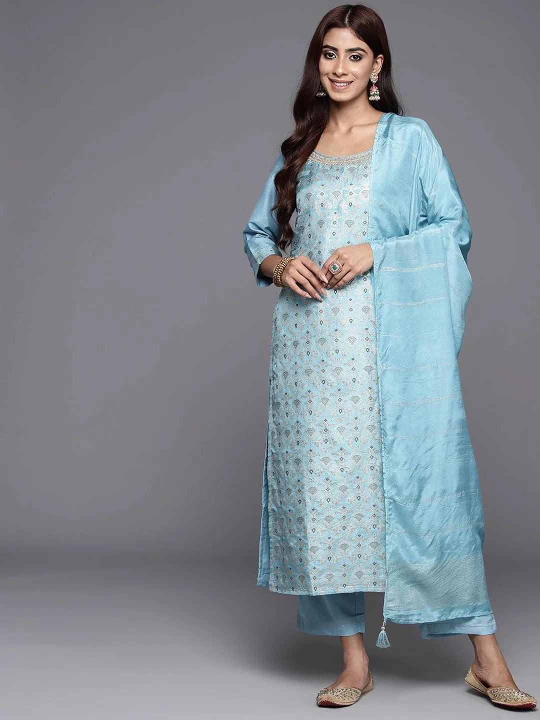 Libas Blue Woven Design Silk Blend Straight Suit With Dupatta