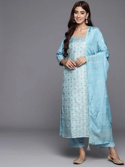 Libas Blue Woven Design Silk Blend Straight Suit With Dupatta