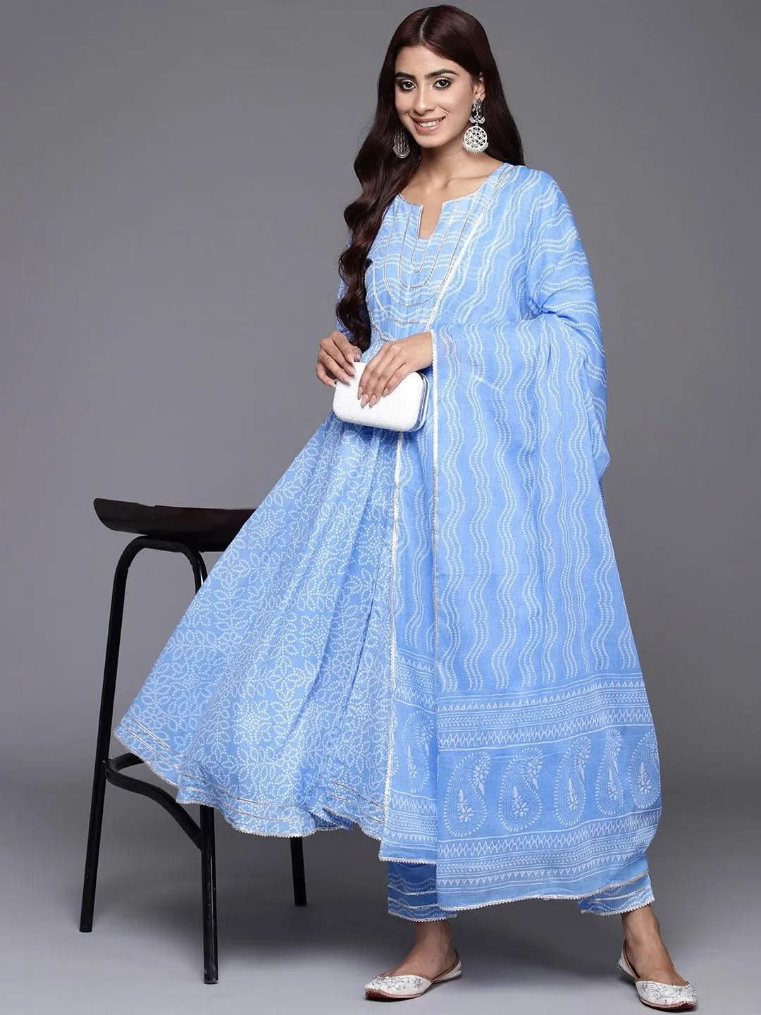 Libas Blue Yoke Design Cotton Anarkali Kurta With Trousers & Dupatta