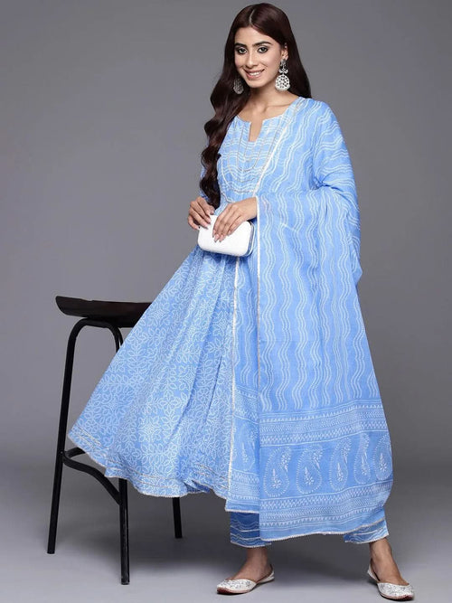 Libas Blue Yoke Design Cotton Anarkali Kurta With Trousers & Dupatta