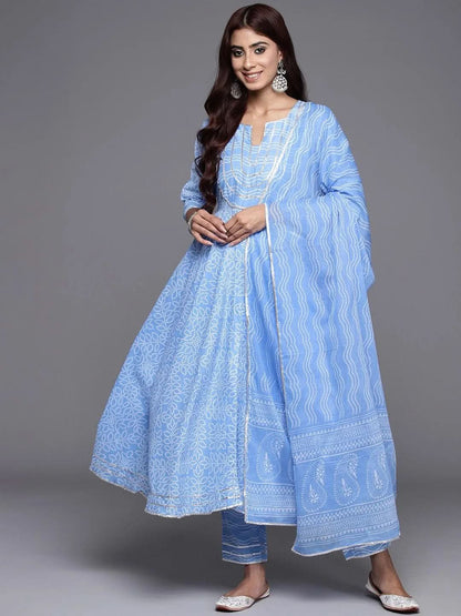 Libas Blue Yoke Design Cotton Anarkali Kurta With Trousers & Dupatta