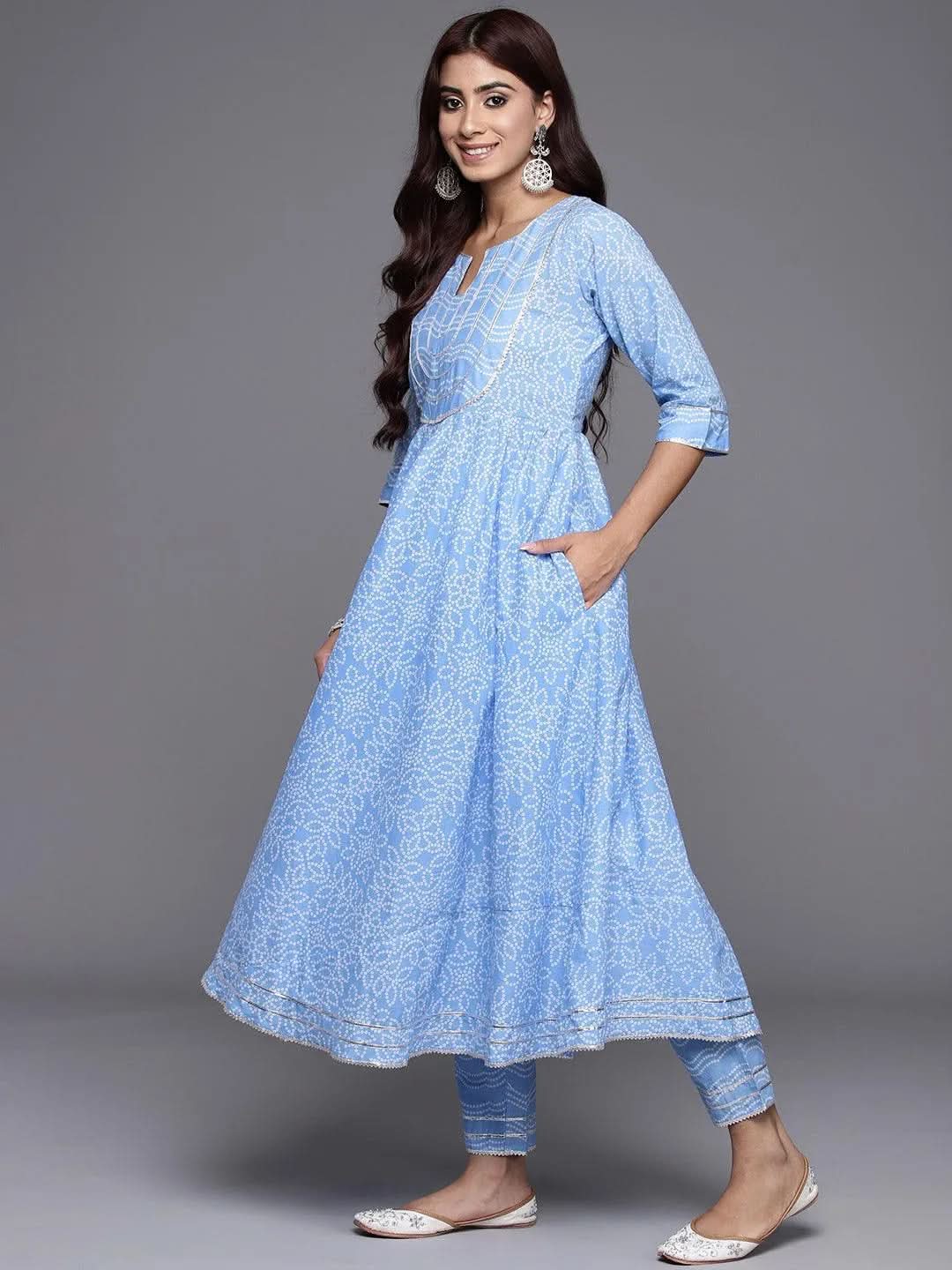 Libas Blue Yoke Design Cotton Anarkali Kurta With Trousers & Dupatta