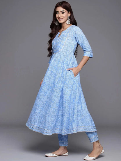 Libas Blue Yoke Design Cotton Anarkali Kurta With Trousers & Dupatta