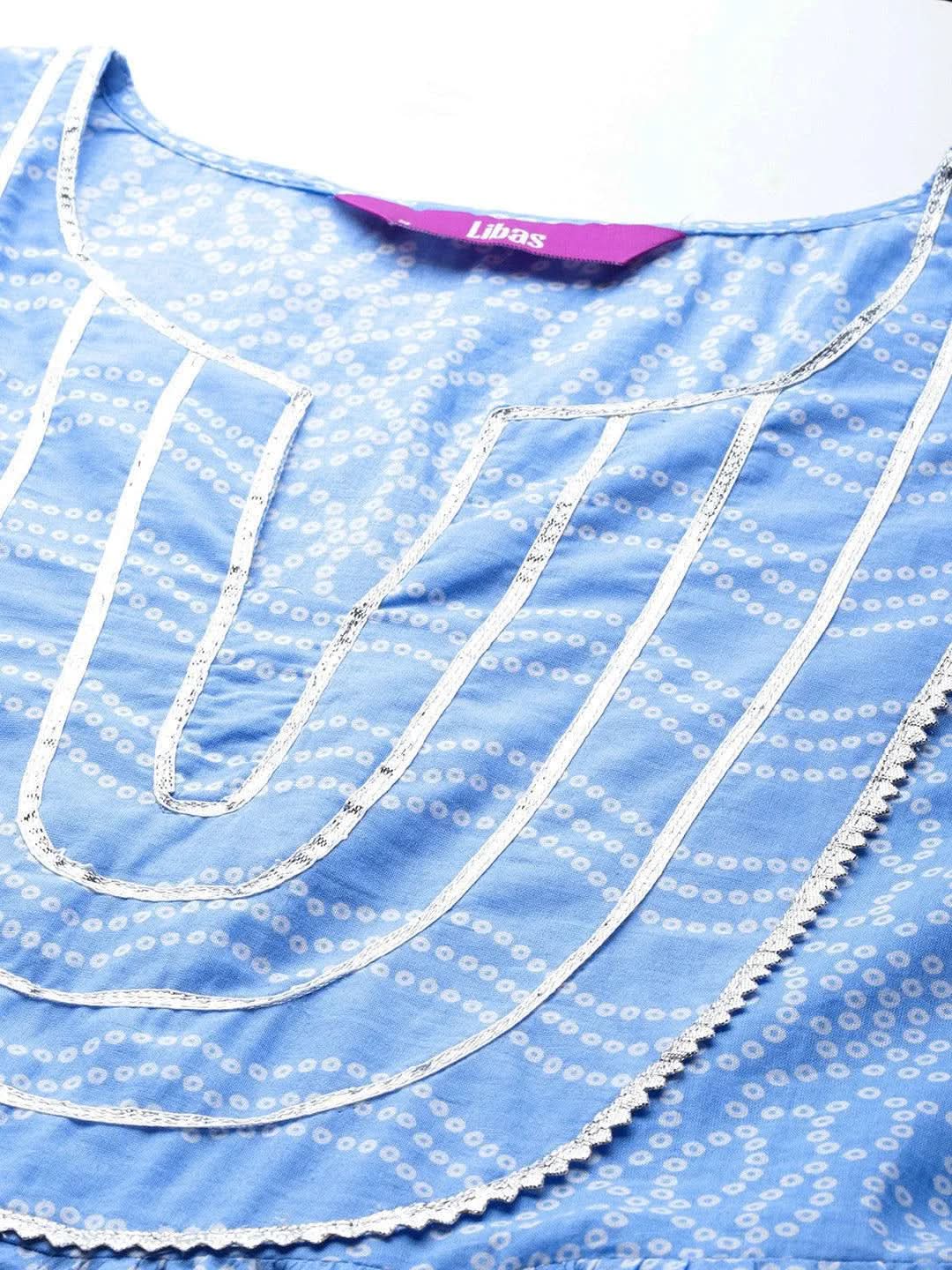 Libas Blue Yoke Design Cotton Anarkali Kurta With Trousers & Dupatta