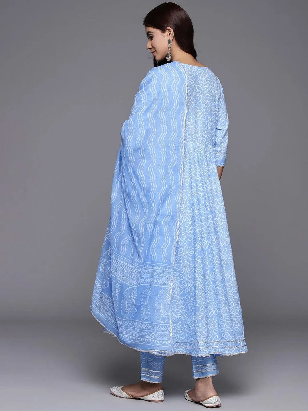 Libas Blue Yoke Design Cotton Anarkali Kurta With Trousers & Dupatta