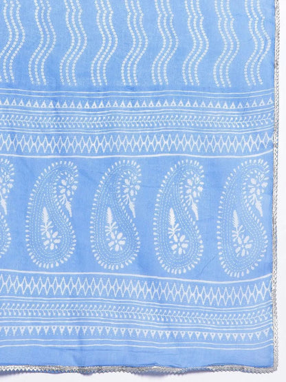 Libas Blue Yoke Design Cotton Anarkali Kurta With Trousers & Dupatta
