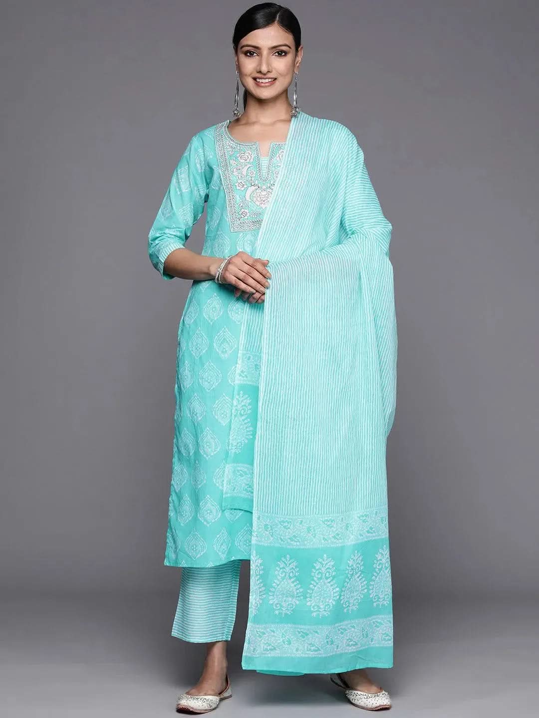 Libas Blue Yoke Design Cotton Straight Kurta With Trousers & Dupatta