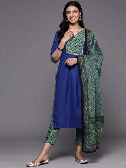 Libas Blue Yoke Design Cotton Straight Kurta With Trousers & Dupatta