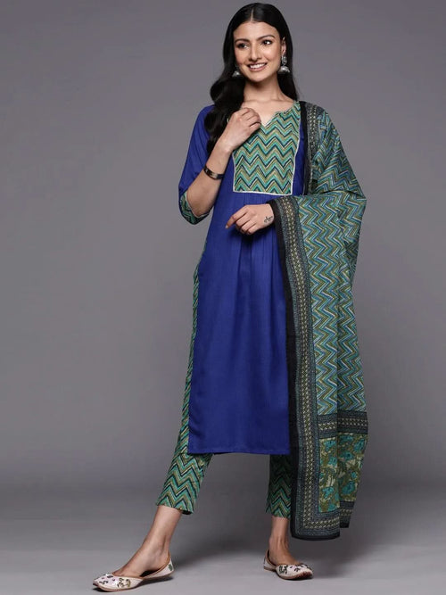Libas Blue Yoke Design Cotton Straight Kurta With Trousers & Dupatta
