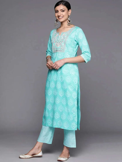 Libas Blue Yoke Design Cotton Straight Kurta With Trousers & Dupatta