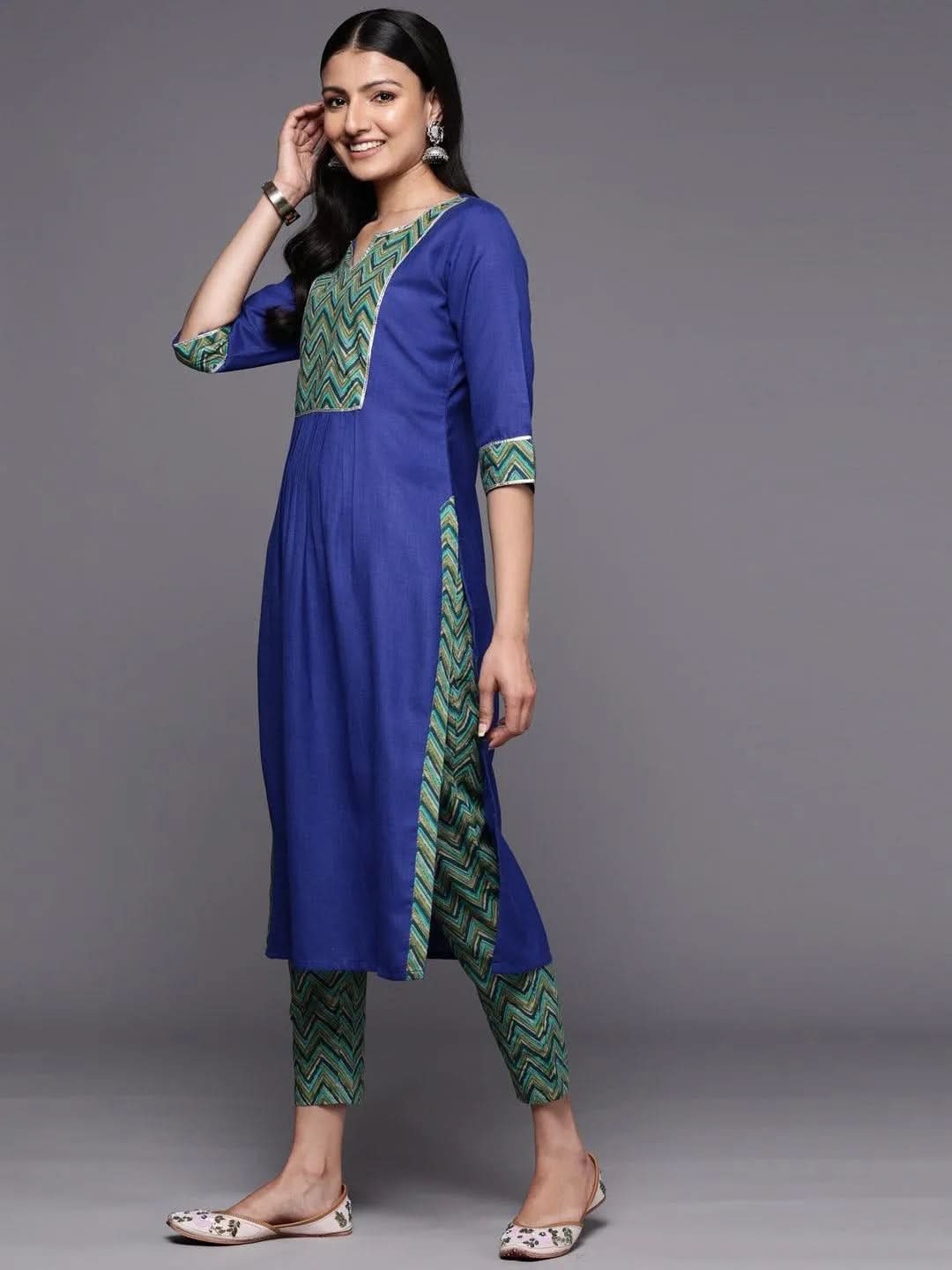 Libas Blue Yoke Design Cotton Straight Kurta With Trousers & Dupatta