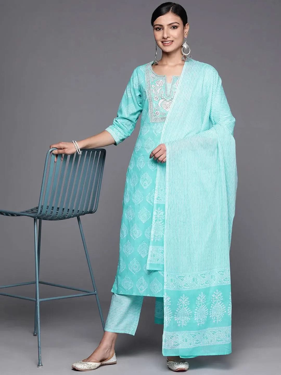 Libas Blue Yoke Design Cotton Straight Kurta With Trousers & Dupatta