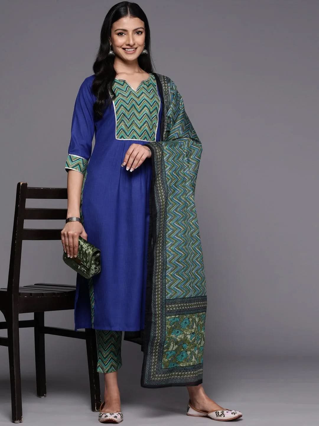 Libas Blue Yoke Design Cotton Straight Kurta With Trousers & Dupatta