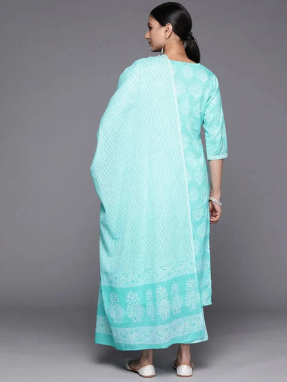 Libas Blue Yoke Design Cotton Straight Kurta With Trousers & Dupatta