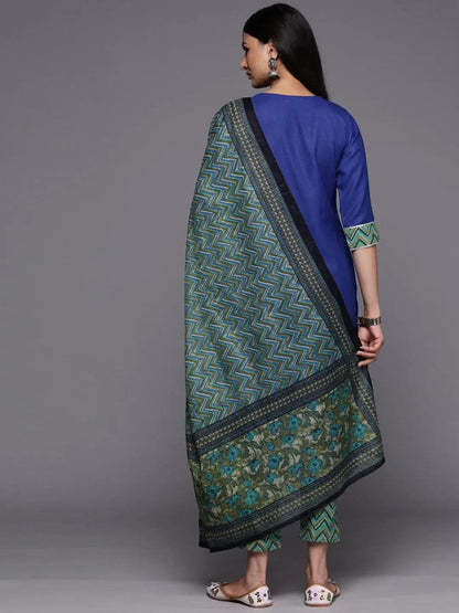 Libas Blue Yoke Design Cotton Straight Kurta With Trousers & Dupatta