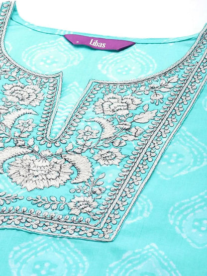 Libas Blue Yoke Design Cotton Straight Kurta With Trousers & Dupatta