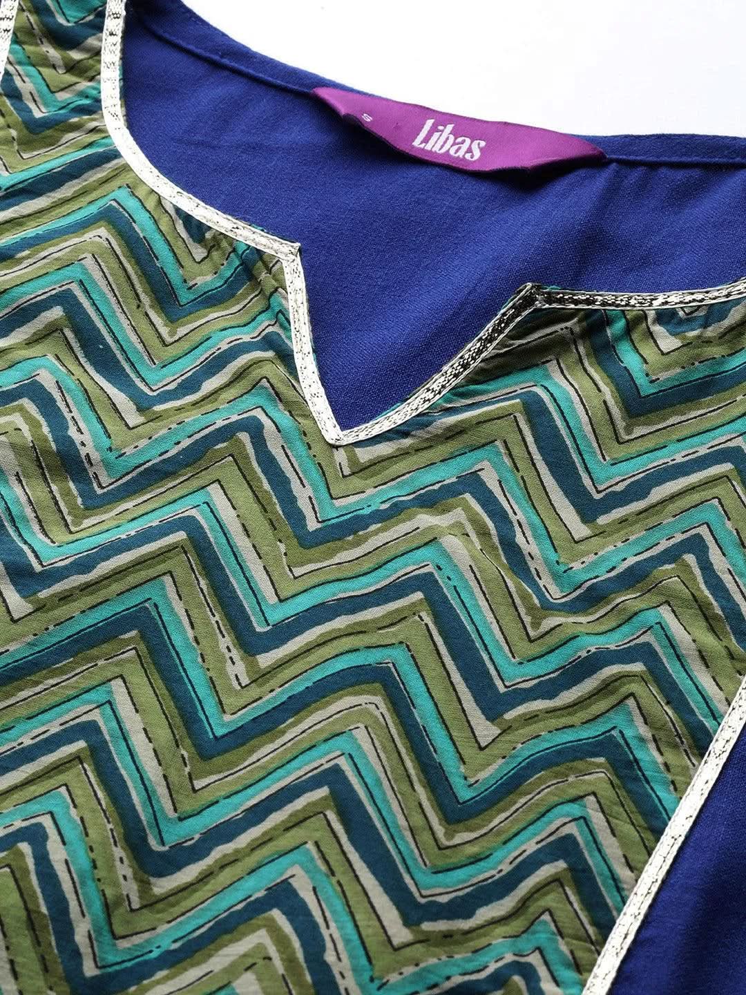 Libas Blue Yoke Design Cotton Straight Kurta With Trousers & Dupatta