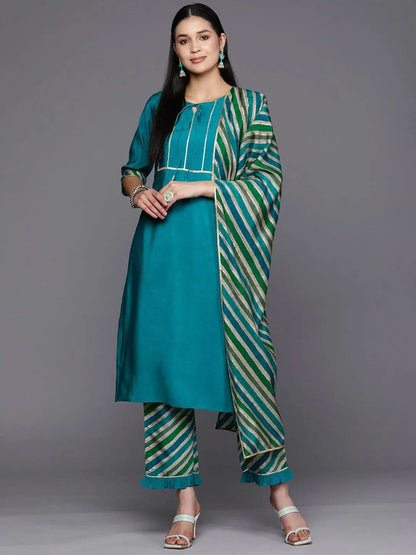 Libas Blue Yoke Design Silk Blend Straight Kurta With Trousers & Dupatta