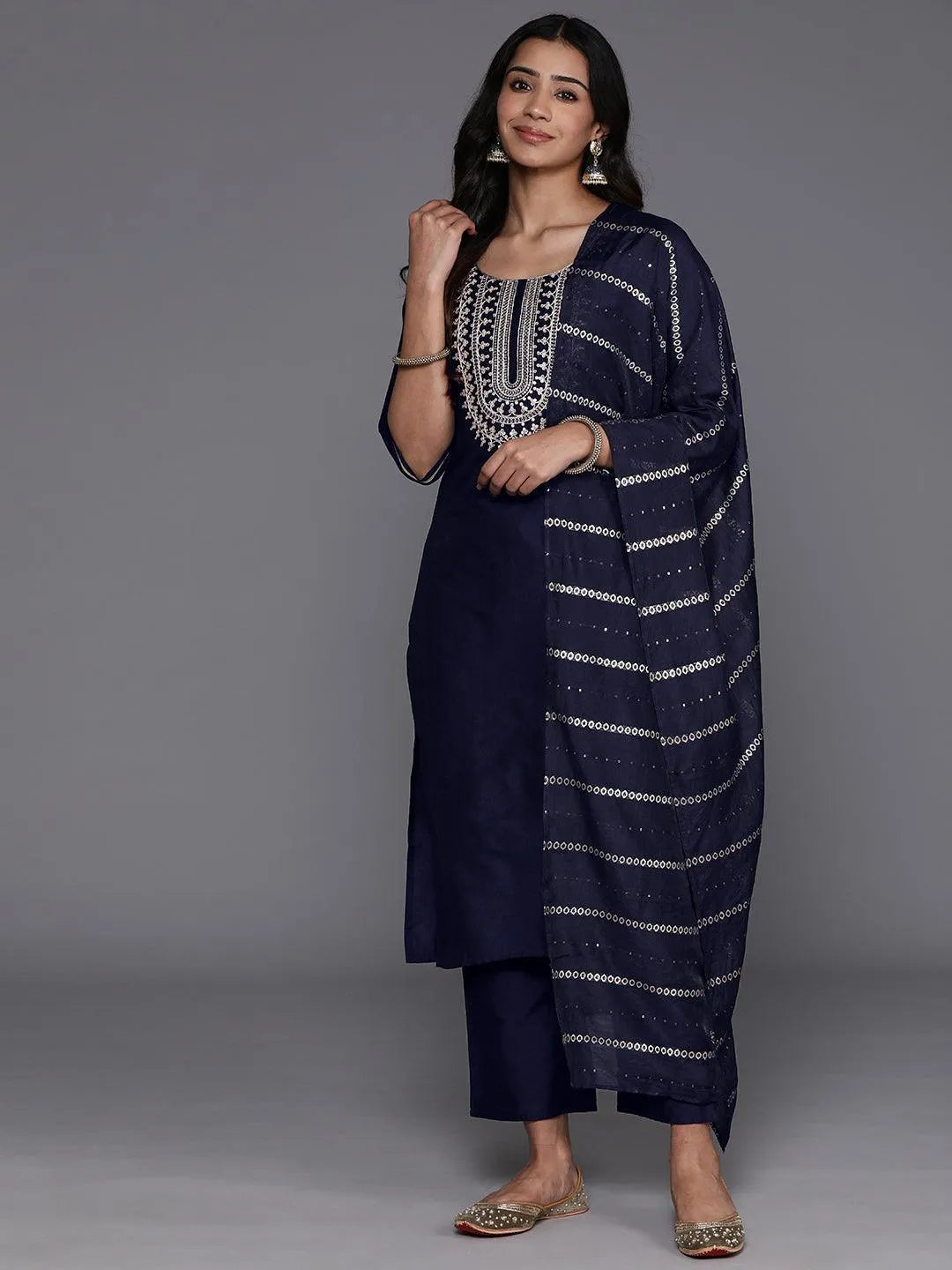 Libas Blue Yoke Design Silk Blend Straight Suit With Dupatta
