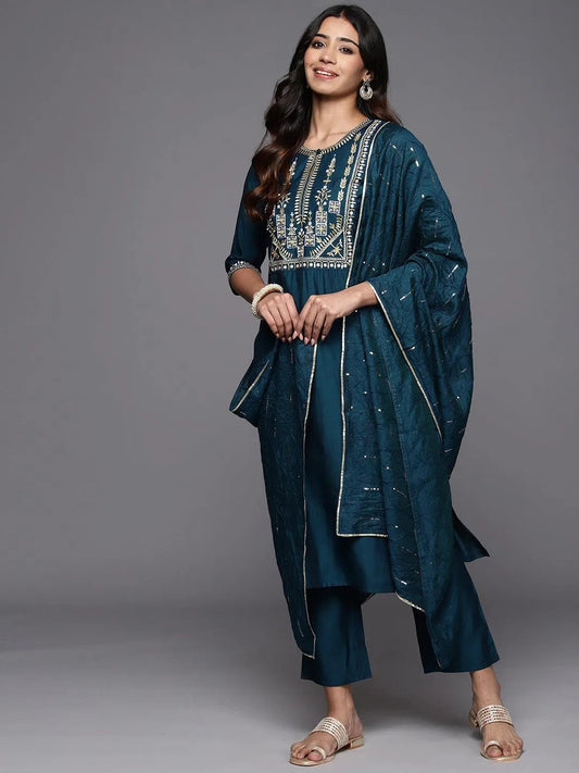 Gerua Blue Yoke Design Silk Blend Straight Suit With Dupatta