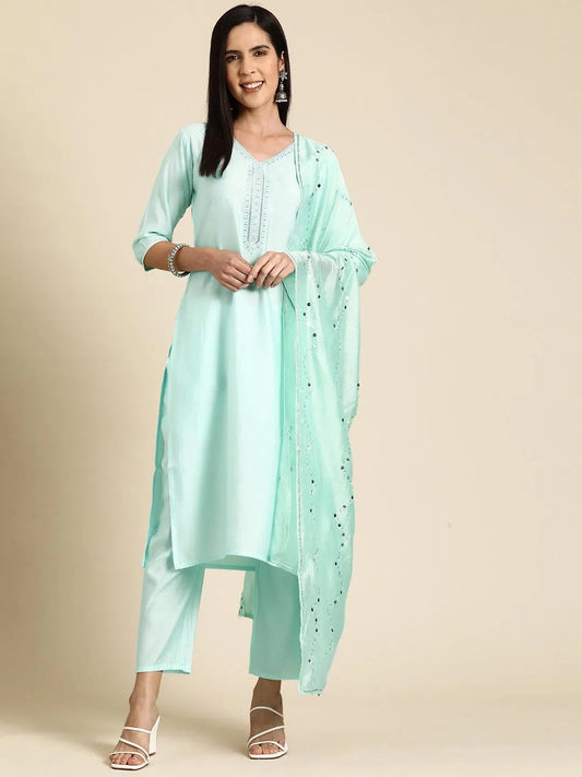 Gerua Blue Yoke Design Silk Blend Straight Suit With Dupatta
