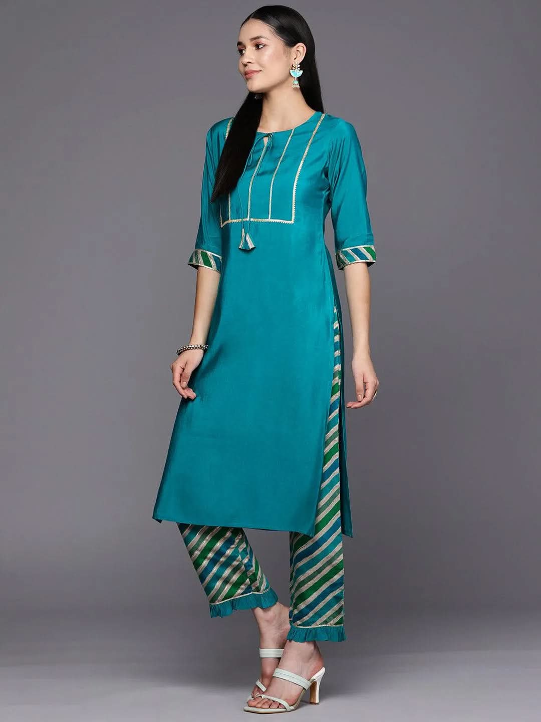 Libas Blue Yoke Design Silk Blend Straight Kurta With Trousers & Dupatta