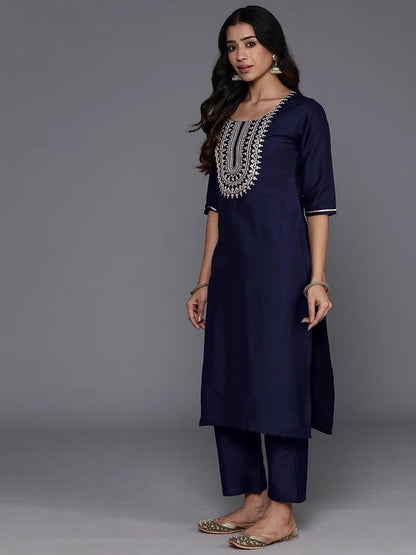 Libas Blue Yoke Design Silk Blend Straight Suit With Dupatta