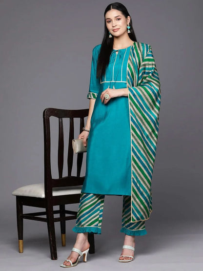 Libas Blue Yoke Design Silk Blend Straight Kurta With Trousers & Dupatta