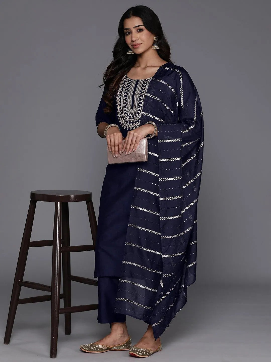 Libas Blue Yoke Design Silk Blend Straight Suit With Dupatta