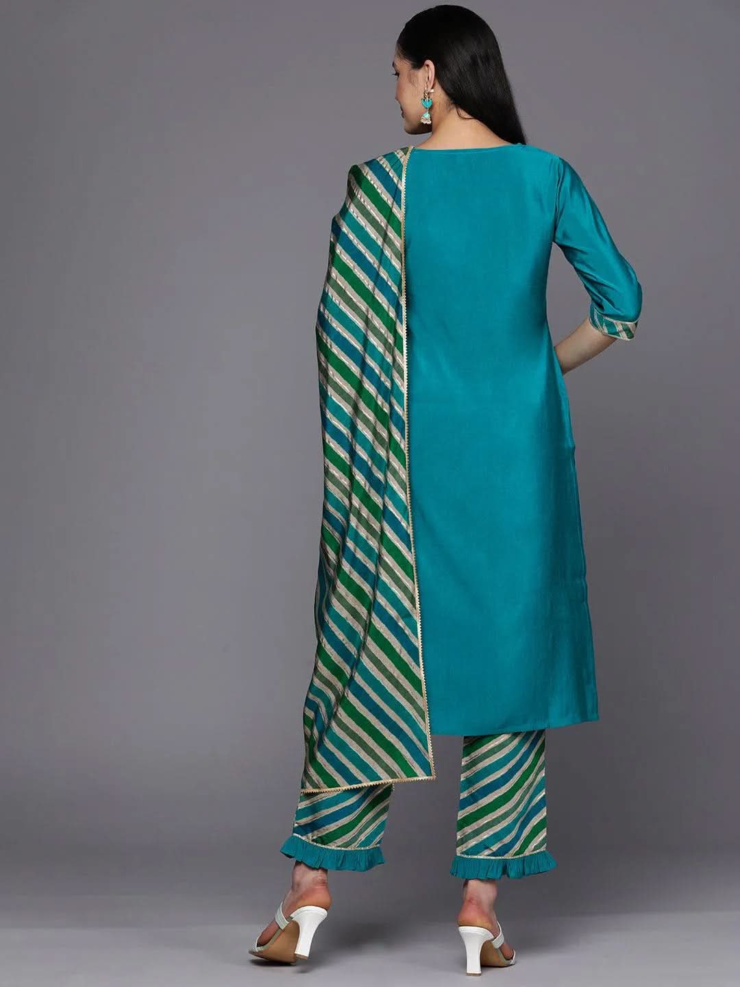 Libas Blue Yoke Design Silk Blend Straight Kurta With Trousers & Dupatta