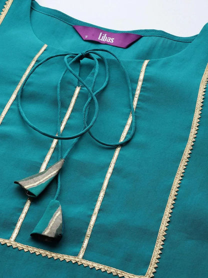 Libas Blue Yoke Design Silk Blend Straight Kurta With Trousers & Dupatta