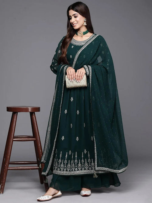 Libas Bottle Green Embroidered Georgette A-Line Kurta With Palazzos & Dupatta