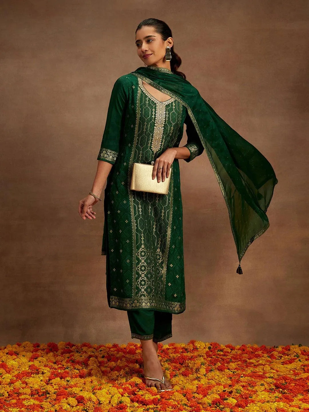Libas Green Woven Design Silk Blend Straight Suit With Dupatta