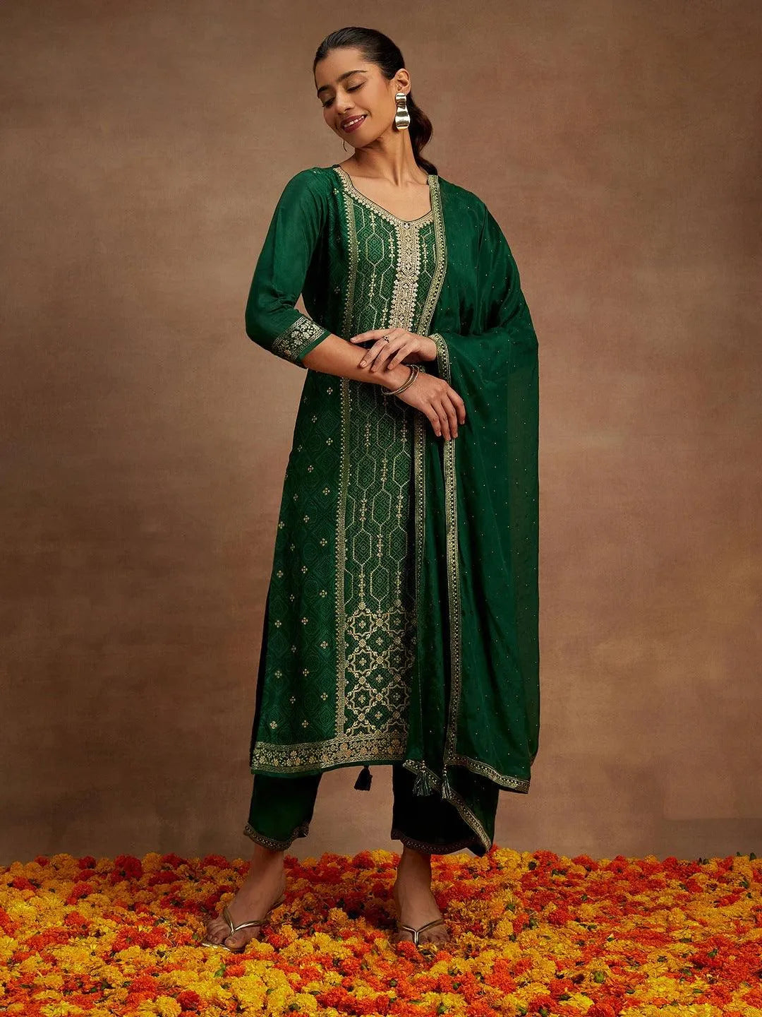 Libas Green Woven Design Silk Blend Straight Suit With Dupatta