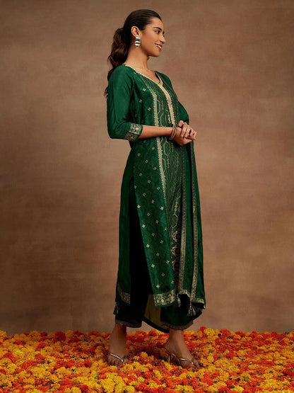 Libas Green Woven Design Silk Blend Straight Suit With Dupatta