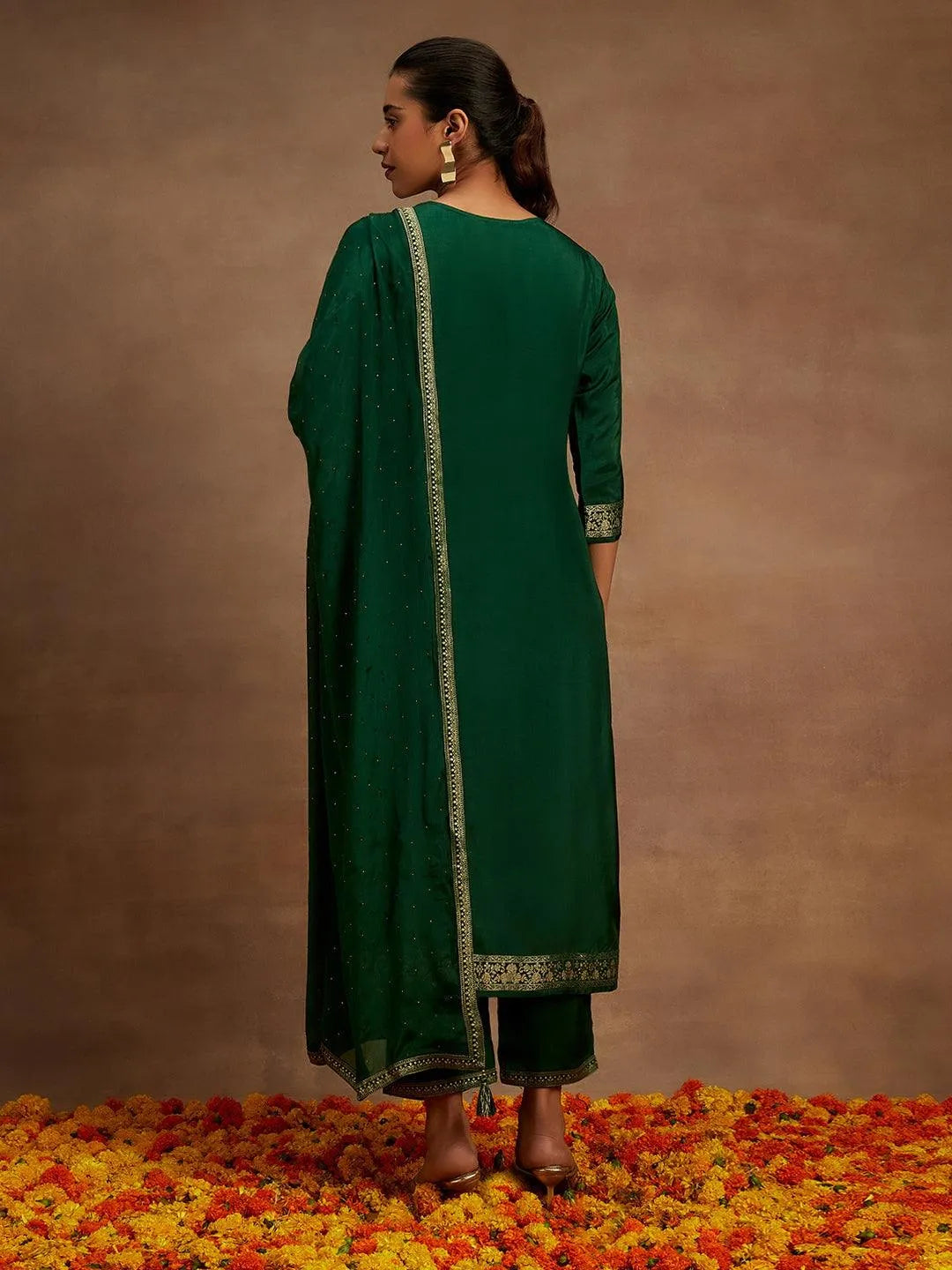 Libas Green Woven Design Silk Blend Straight Suit With Dupatta
