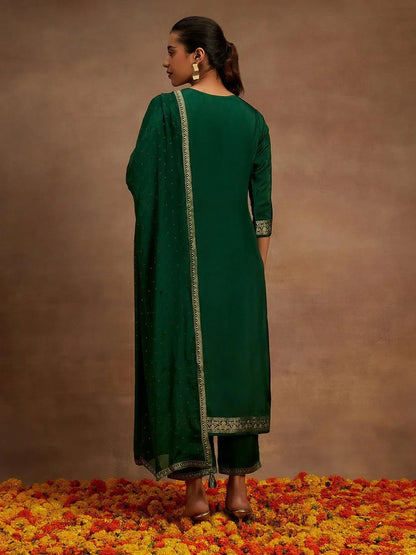 Libas Green Woven Design Silk Blend Straight Suit With Dupatta
