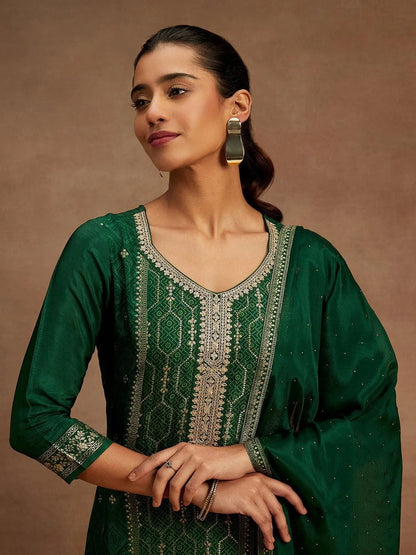 Libas Green Woven Design Silk Blend Straight Suit With Dupatta