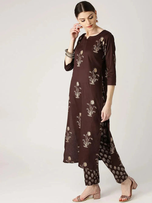 Libas Brown Printed Cotton Straight Kurta With Trousers