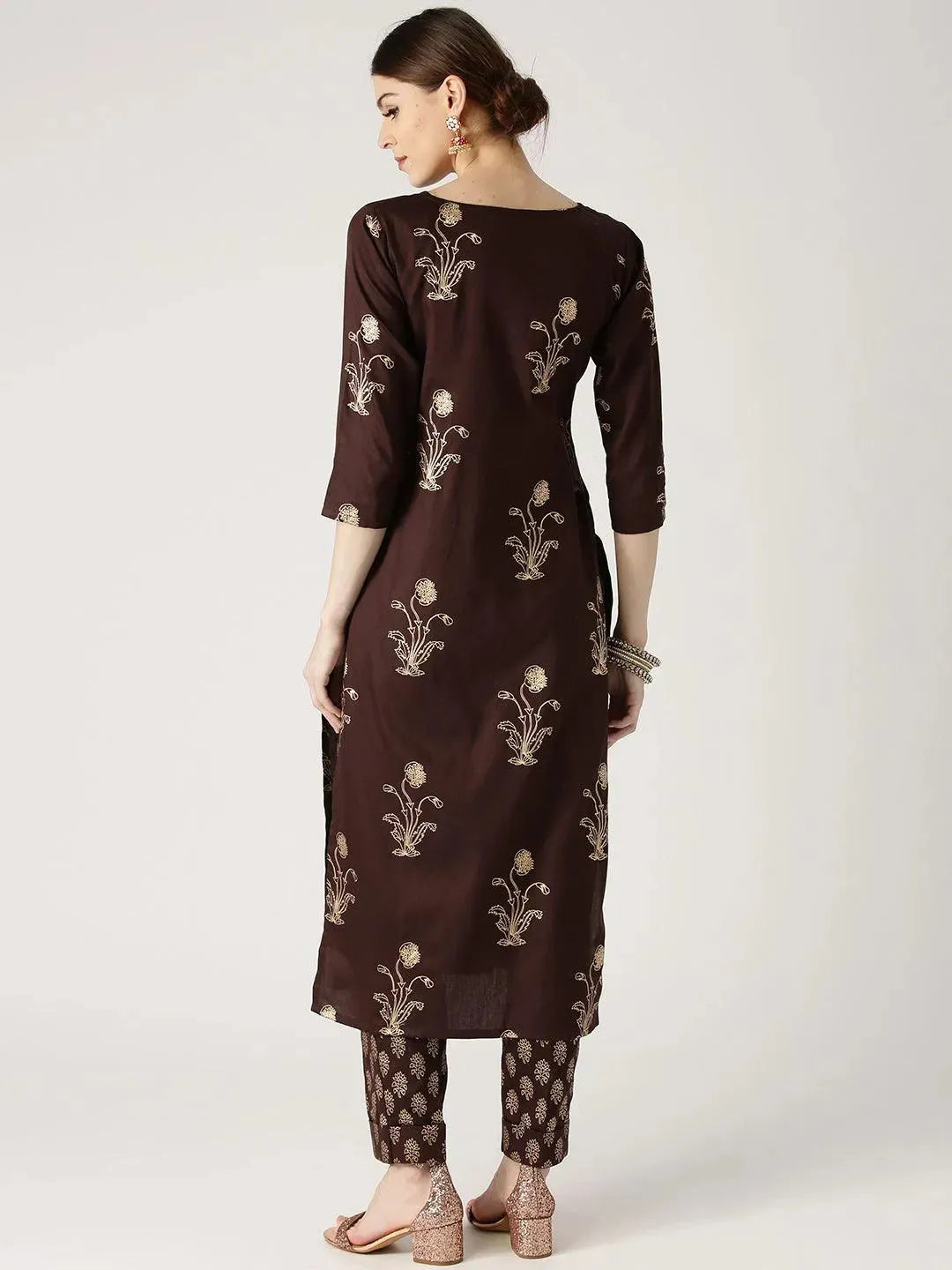 Libas Brown Printed Cotton Straight Kurta With Trousers
