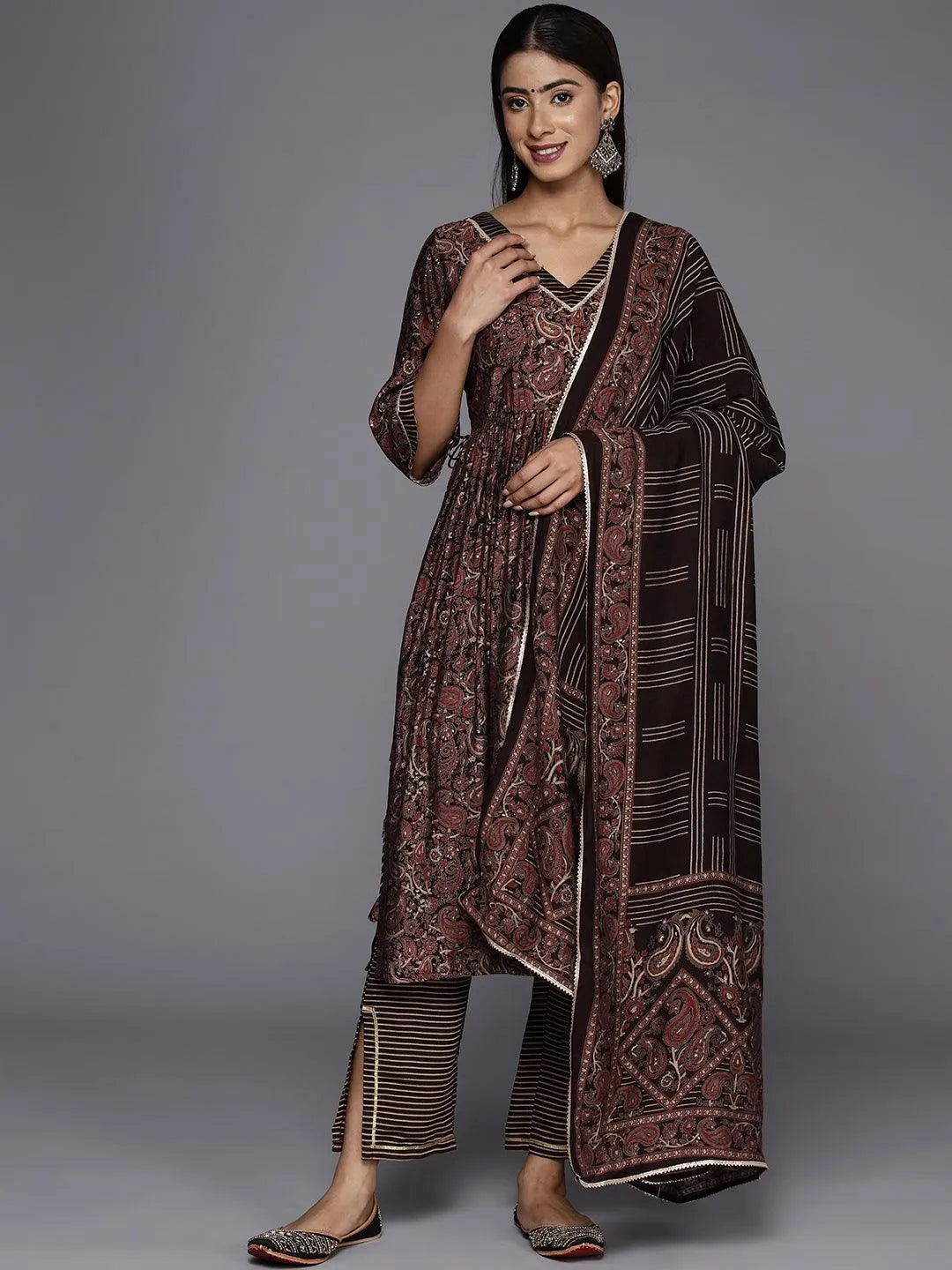 Libas Brown Printed Silk Blend A-Line Kurta With Trousers & Dupatta