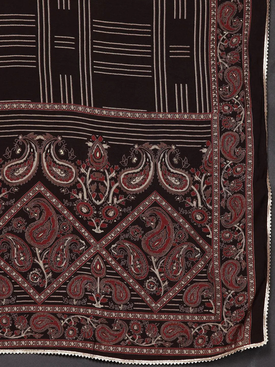Libas Brown Printed Silk Blend A-Line Kurta With Trousers & Dupatta