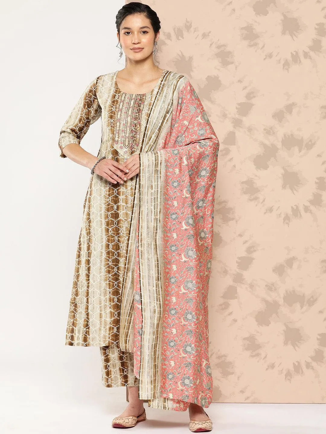 Libas Brown Printed Silk Blend Straight Kurta With Trousers and Dupatta