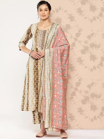 Libas Brown Printed Silk Blend Straight Kurta With Trousers and Dupatta