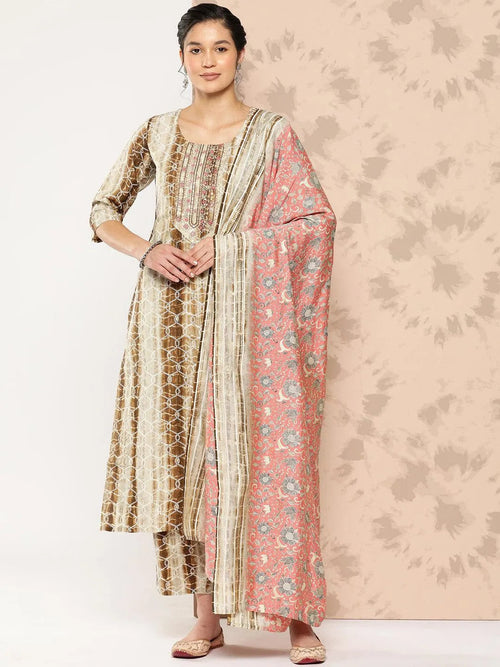 Libas Brown Printed Silk Blend Straight Kurta With Trousers and Dupatta