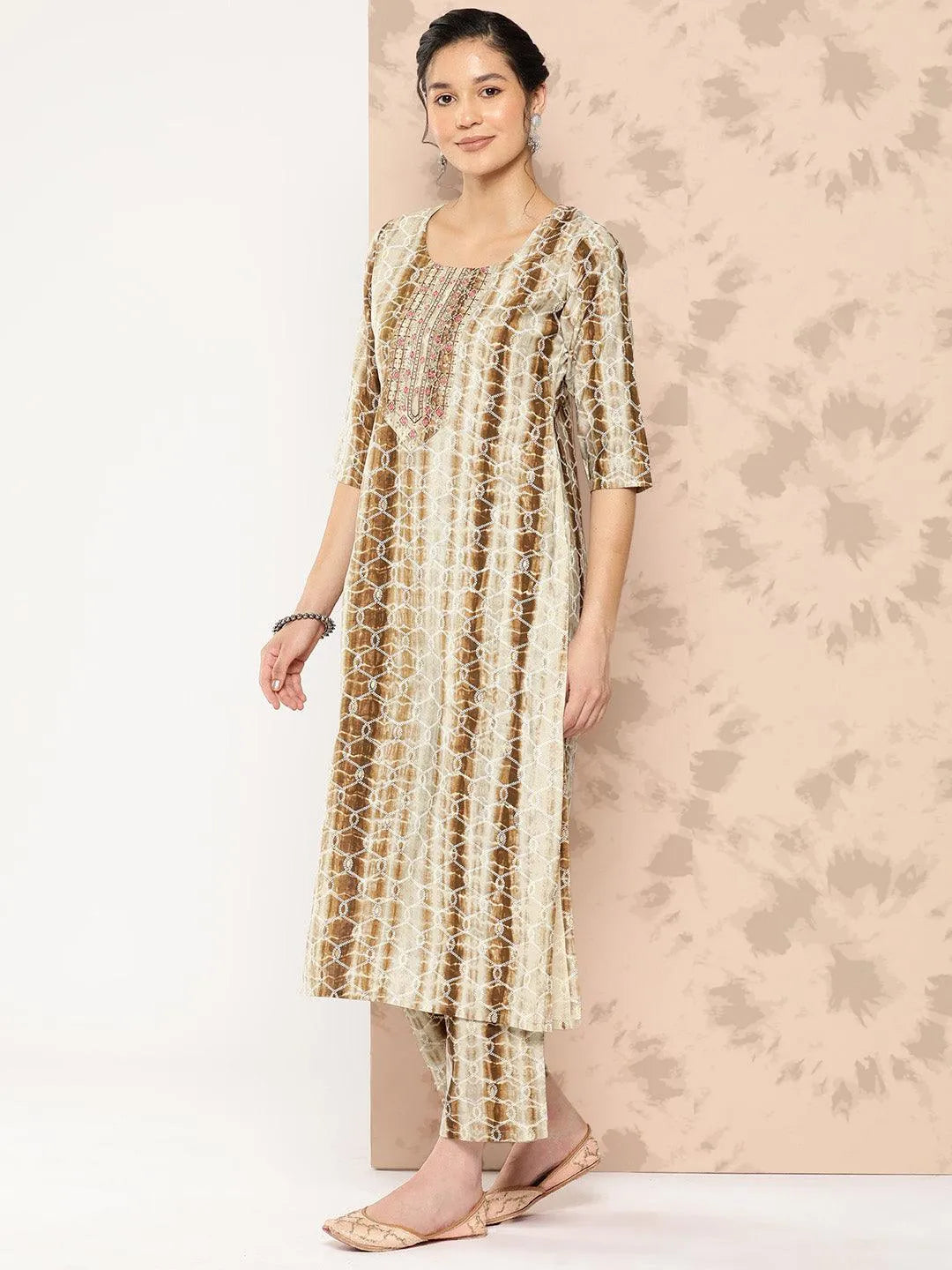 Libas Brown Printed Silk Blend Straight Kurta With Trousers and Dupatta