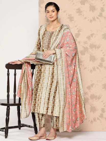 Libas Brown Printed Silk Blend Straight Kurta With Trousers and Dupatta