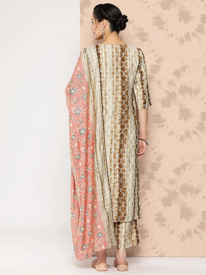 Libas Brown Printed Silk Blend Straight Kurta With Trousers and Dupatta