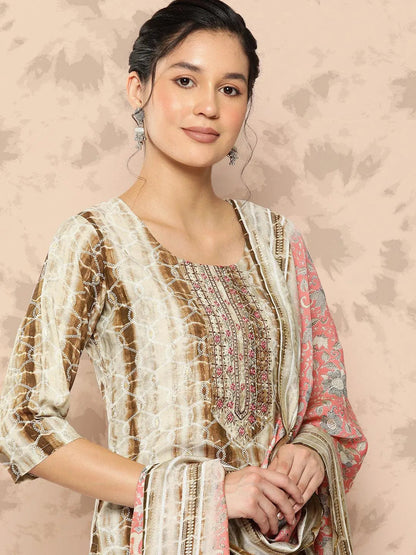 Libas Brown Printed Silk Blend Straight Kurta With Trousers and Dupatta
