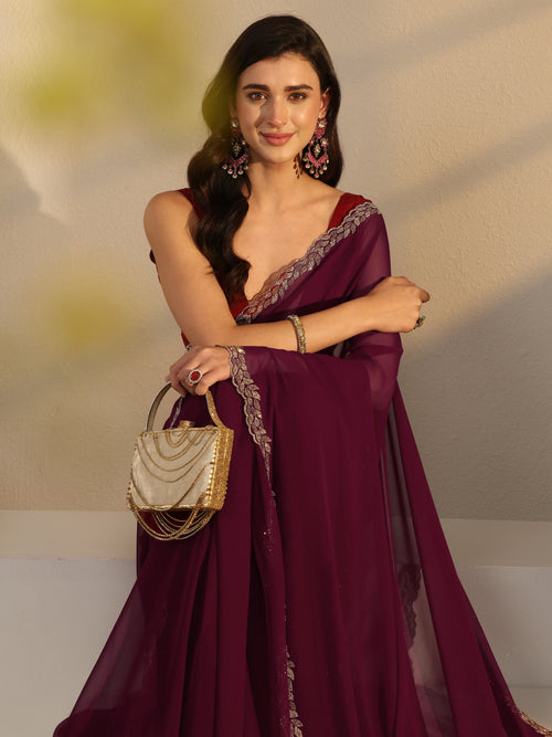 Libas Burgundy Embellished Border Georgette Saree With Unstitched Blouse Piece